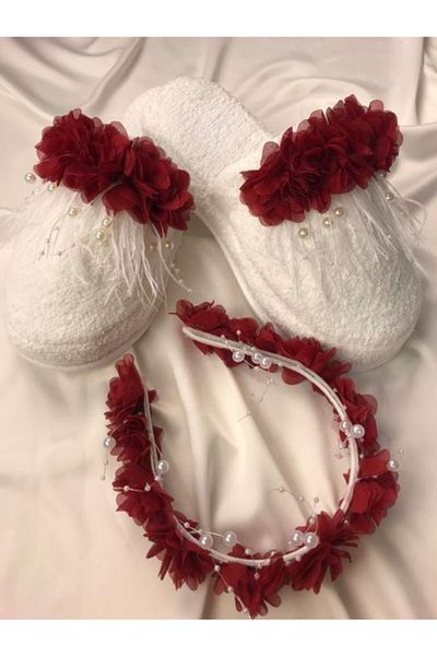 SÜSLÜTASARIM White Pearl Burgundy Flower Decorated Maternity Slippers Crown Set – Maternity Set – Maternity Set – Maternity Set