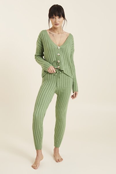 Hanna's by Hanna Darsa Kadın Yeşil Fitilli Önden Düğmeli Triko Alt Üst Takım