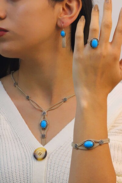 Midyat Nurtaş Gümüş Kadın Turkuaz Mardin Hasırı Firuze Taşlı Gümüş Dörtlü Set