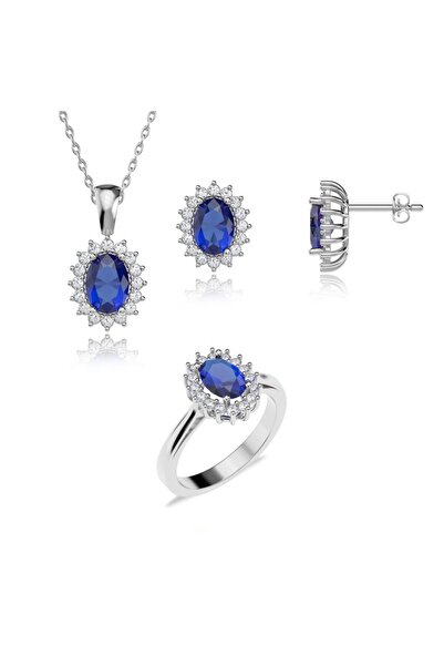 İNDİGO TAKI Kadın Oval Safir Taşlı Anturaj Montür Beyaz Gümüş Üçlü Set