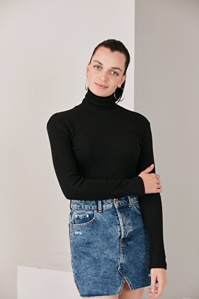 CATSPY Kadın Siyah Lycra Boğazlı Kazak