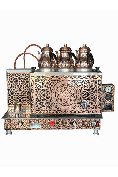 MARATON Üç Demlikli Bakır Çay Kazanı Elektrikli Gazlı Bakır Özel Işlemeli 202...