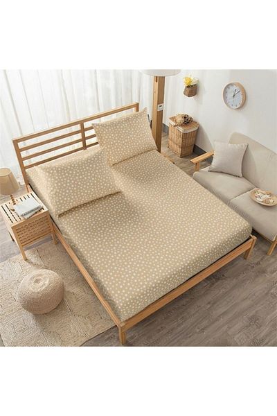 mer-tim ezberbozan ev tekstili Mer-tim Double Jumbo Size Elastic Sheet Set with Milk Coffee Star Pattern 200x200