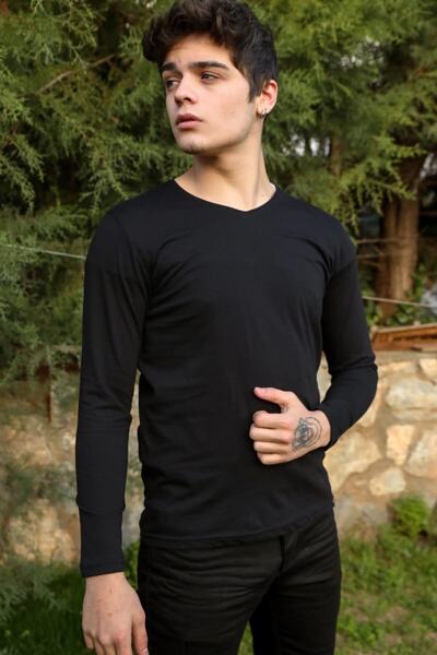 Factor Men's Black Slim Fit V-Neck Combed Cotton Long Sleeve T-shirt F51550