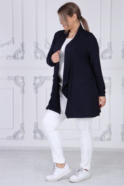 Seamoda Women's Navy Blue Viscose Fabric Turn-down Collar Cardigan