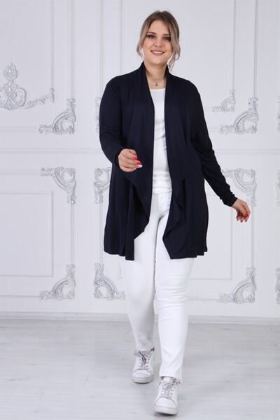 Seamoda Women's Navy Blue Viscose Fabric Turn-down Collar Cardigan