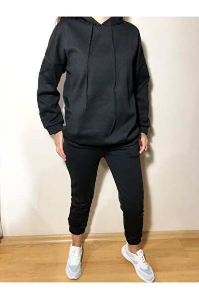 ESCBUTİK Жіночий чорний блискучий тканинний товстий спортивний костюм