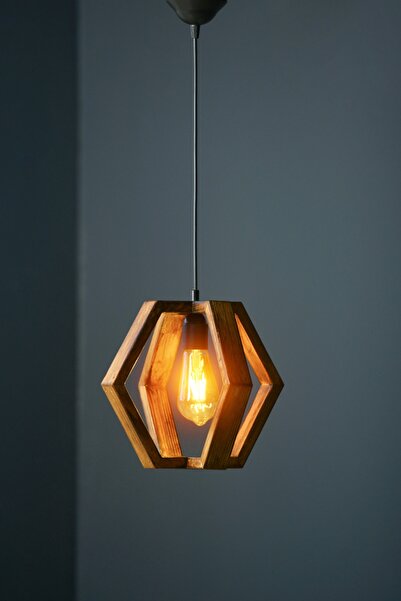 Antik House Doğal Ahşap Geometrik Kafes Tekli Sarkıt Avize