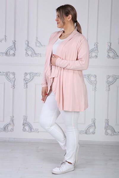 Seamoda Kadın Pudra Pembe Viskon Kumaş Devrik Yaka Hırka