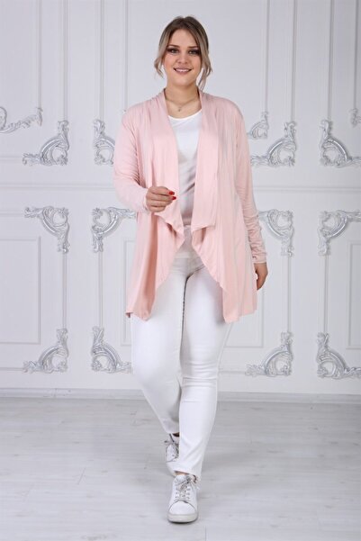 Seamoda Kadın Pudra Pembe Viskon Kumaş Devrik Yaka Hırka