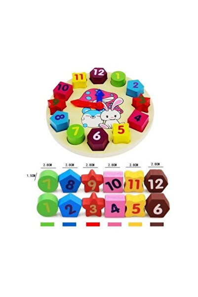 HAMAHA Geometrik Şekiller Saat Öğren Ahşap Oyuncak Blok Puzzle Yapboz