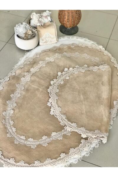 cantasarım ev tekstili Shems Cappuccino 2'li Dantelli Banyo Paspas Takımı