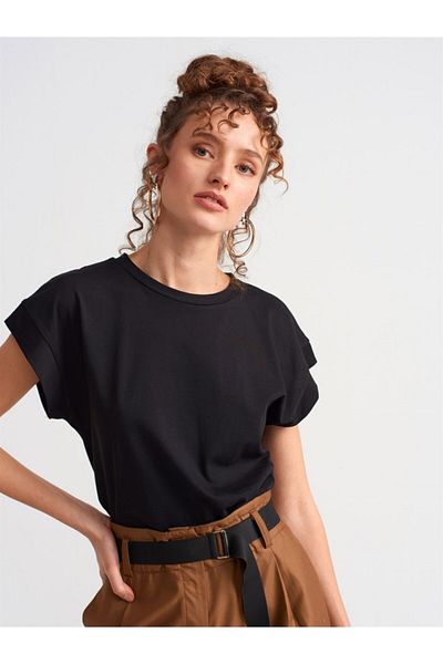 Dilvin 3504 Crew Neck Combed Cotton Blouse-Black