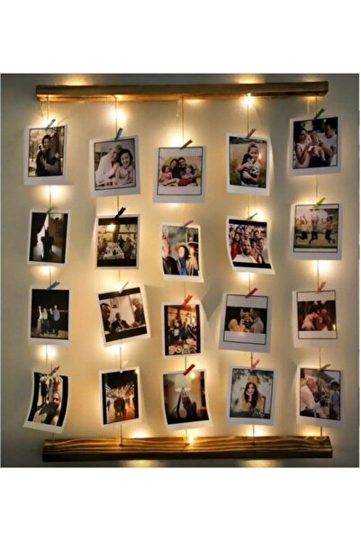 sedanur home Doğal Ahşap Led Işıklı Ipli Mandallı Dikdörtgen Fotoğraf Çerçeve...