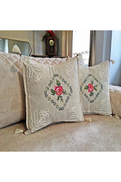 Yavuz Tekstil Cross Stitch Embroidered 2-Piece Throw Pillow Cover Rose Bunch-Pink Color 100% Cotton Pink