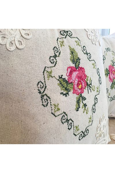 Yavuz Tekstil Cross Stitch Embroidered 2-Piece Throw Pillow Cover Rose Bunch-Pink Color 100% Cotton Pink