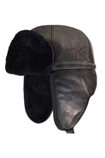 hoaryage Unisex Black Genuine Leather Pilot Hat