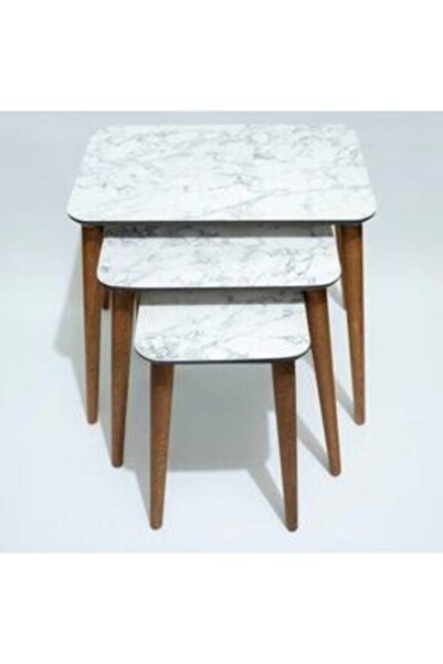 YILMAZLAR Dikdörtgen Beyaz Renk Mermer Desenli 3'lü Sehpa