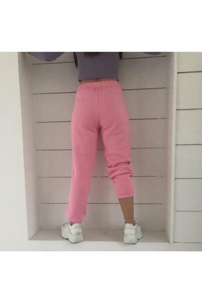 ÖNDER MODA Kadın Pembe Kalın Kışlık Cepli 3 Iplik Şardonlu Eşofman Altı