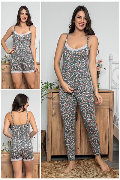 MyBen Set de pijamale de damă, de culoare antracit, cu detalii din dantelă, cu pantaloni scurți și jambiere, set de 3 75003