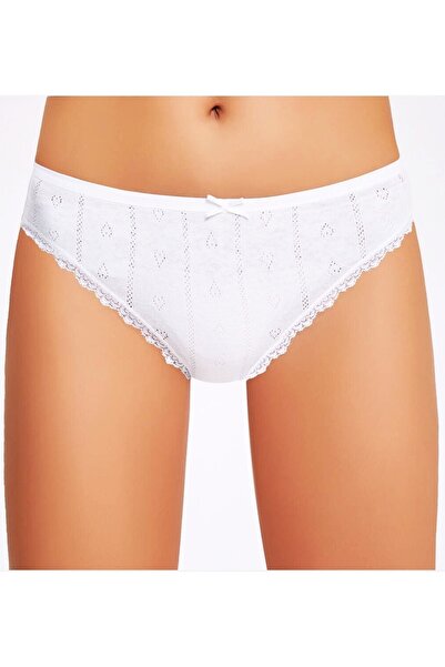 İlke Beyaz Renk 3'lü Paket Kalp Desenli Pamuklu Kumaş Bayan Bikini Külot