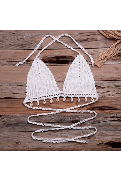 MAJOR ÇANTA VE AYAKKABI Kadın Beyaz Tığ Örgü Midye Kabuklu Bikini Üstü