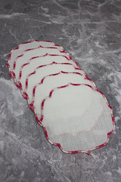 WEARE2 Set de 6 șervețele de cocktail cu efect de in, brodate în culoarea roz...