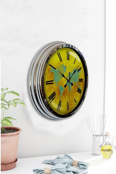 Kasva Concept Gift 40 cm Chrome Metal Maps Wall Clock