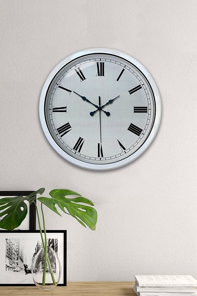 Kasva Concept Ceas de perete cu cifre romane din metal alb de 40 cm