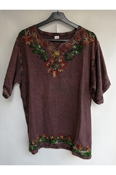 Butik Tülin Kadın Otantik Viskoz Mürdüm Taşlama Nakışlı Bluz