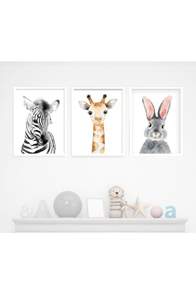 Ya&mu Tablosetleri 3 Adet 33 X 45cm Büyük Boy Beyaz Çerçeveli Bebek, Çocuk Odası Tablo Seti