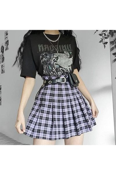 Köstebek Black Striped Lilac Plaid Skirt