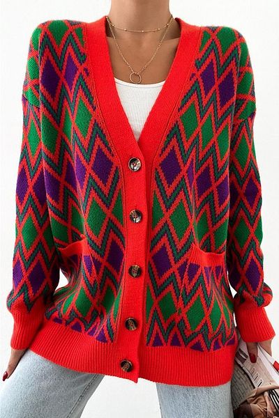FEMELLE Women's Red Button Detailed Pocket Loose Knitwear Cardigan