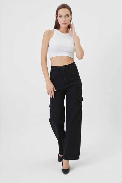 SHEVEGA Black Cargo Pocket Lycra High Waist Loose Wide Leg Denim Trousers Flare Jean