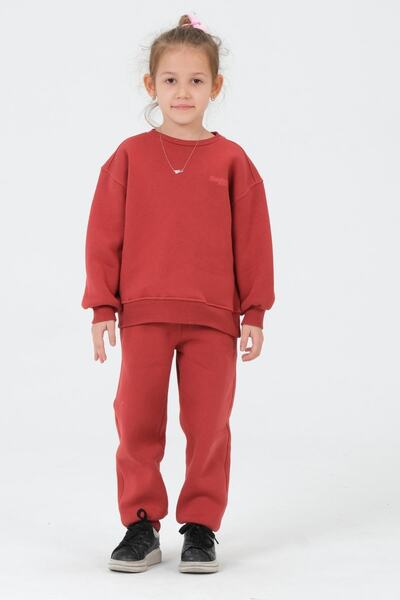 Black One Girl's Crew Neck 3 Thread Fabric Printed Children's Top and Bottom Tracksuit Set