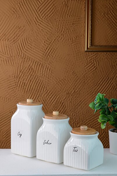 Kitchen Pembelia 6-Piece Wooden Stand 2-Piece Striped Porcelain Oil Pot and 3-Piece Tea Candy Salt Jar Dowry Bowl Set