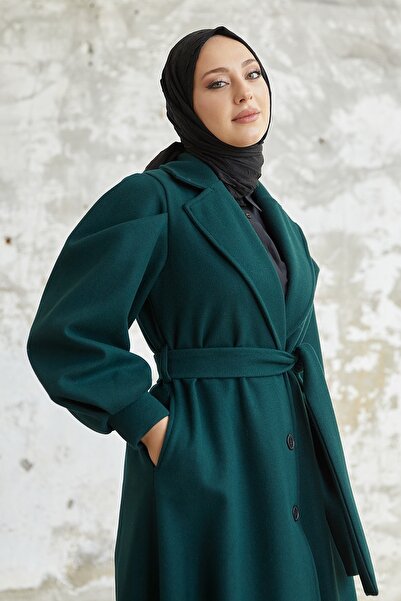 InStyle Kašmírový kabát Diana Balloon Sleeve Belted - smaragdově zelená