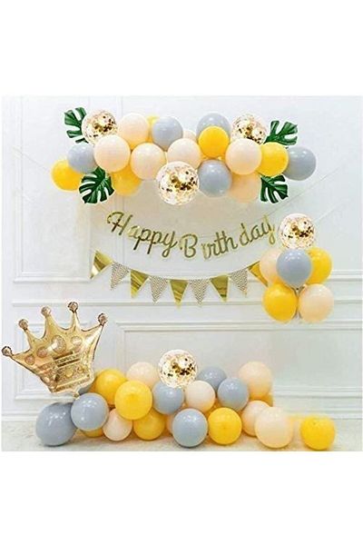 Çemrek Süs Parti Crown Foil Balloon Set Happy Birthday Calligraphy Yellow Gray Salmon Balloon Chain Full Birthday Set Balloon