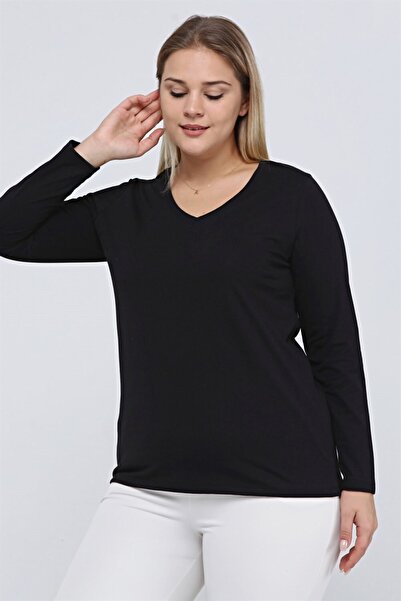 Seamoda Γυναικείο μακρυμάνικο μπλουζάκι με λαιμόκοψη σε μεγάλο μέγεθος, μαύρο