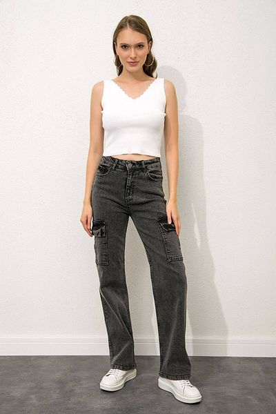 SHEVEGA Smoked Cargo Pocket Lycra Ψηλόμεση Φαρδύ τζιν παντελόνι