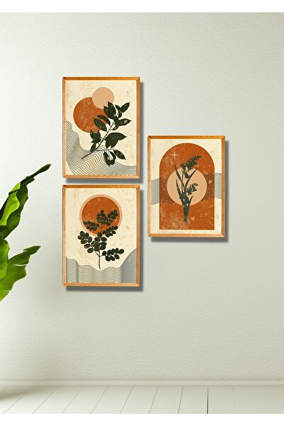 NT Handmade 3 Parça Ahşap Çerçeve Görünümlü Retro Yaprak Duvar Dekoru - Salon Mutfak Yatak Odası Için Tablo Seti