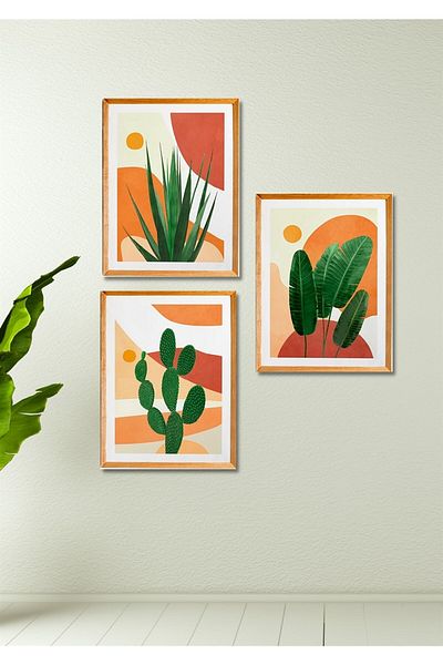 NT Handmade 3 bucăți cadru din lemn aspect boem frunze verzi decor de perete pictură pentru sufragerie bucătărie dormitor