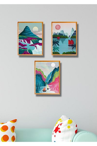 NT Handmade 3 Piece Wood Frame Look Sea Blue Wall Decor - Painting Set for Living Room Kitchen Bedroom