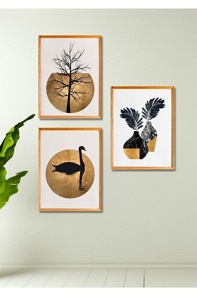 NT Handmade 3 τεμάχια Ξύλινο πλαίσιο Προσομοίωσης Διακόσμηση τοίχου Swan - Σετ ζωγραφικής για σαλόνι, υπνοδωμάτιο, κουζίνα