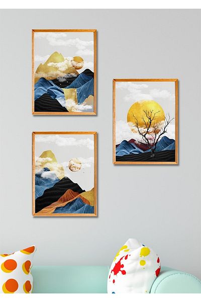 NT Handmade 3 Piese Cadru Din Lemn Aspect Decor Mural Soare Auriu - Set Pictură Pentru Sufragerie Dormitor Bucătărie