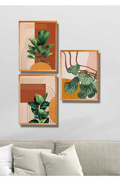 NT Handmade Set de pictură decorativă de perete cu frunze de epocă cu aspect de cadru din lemn din 3 piese pentru sufragerie, bucătărie, dormitor