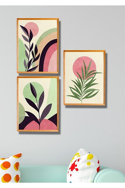 NT Handmade Set de pictură decorativă de perete cu model roz verde cu aspect de cadru din lemn din 3 piese pentru bucătărie dormitor