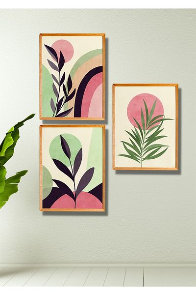 NT Handmade Set de pictură decorativă de perete cu model roz verde cu aspect de cadru din lemn din 3 piese pentru bucătărie dormitor