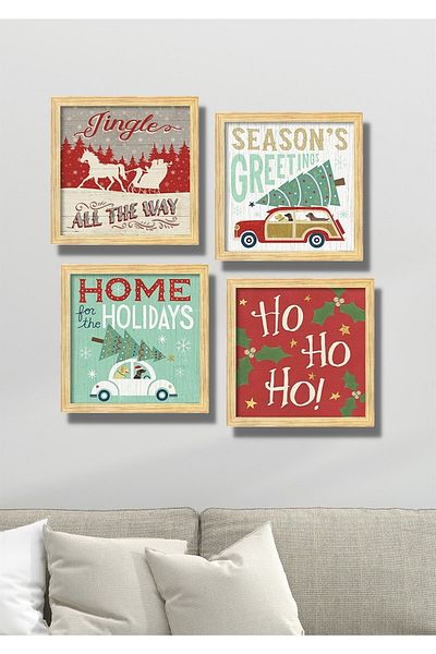 NT Handmade Set de pictură pentru decorarea peretelui cu tematică de Anul Nou, cu aspect de cadru din lemn, 4 piese, pentru sufragerie, dormitor, bucătărie