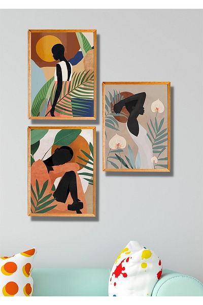NT Handmade Decor de perete pentru femei cu aspect de cadru din lemn din 3 piese - Set de pictură pentru living, dormitor, bucătărie